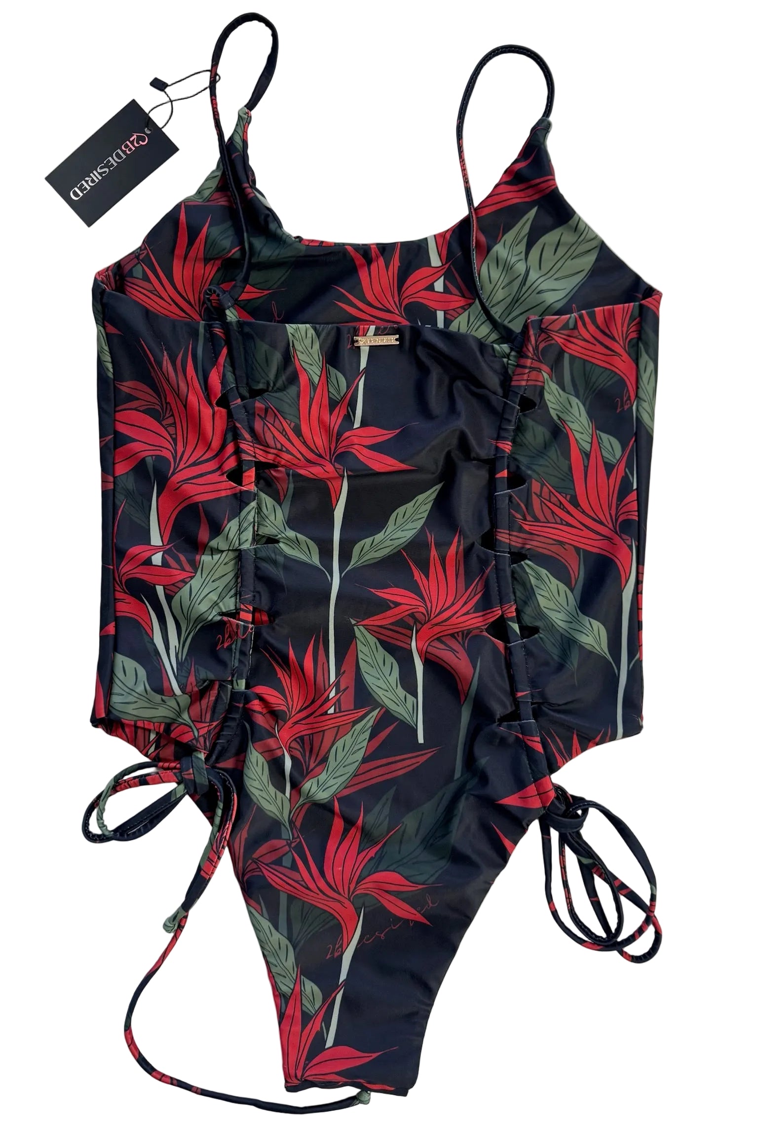 Floral patterned swimsuit with a tag on a white background