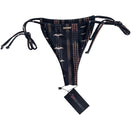 Bikini bottom with tribal pattern and string ties on a white background, featuring a tag.